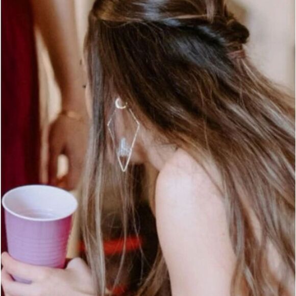 Crystal Quartz Stone Gold Geometric Triangle Hoop Statement Earrings - Picture 6 of 14